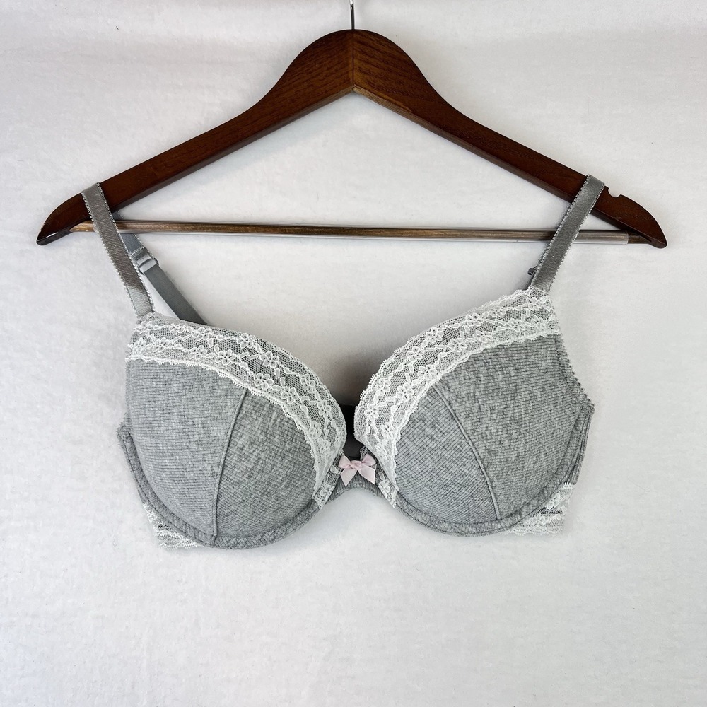Victoria's Secret Plunge Gray & White Lace Trim Bow 34D